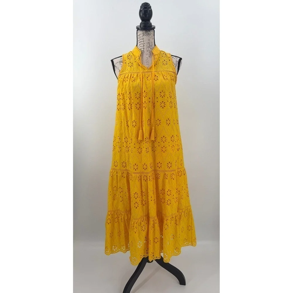B44 Kate Spade Eyelet Patio Midi Dress XS Tiered Sleeveless Boho‎ Relaxed Summer